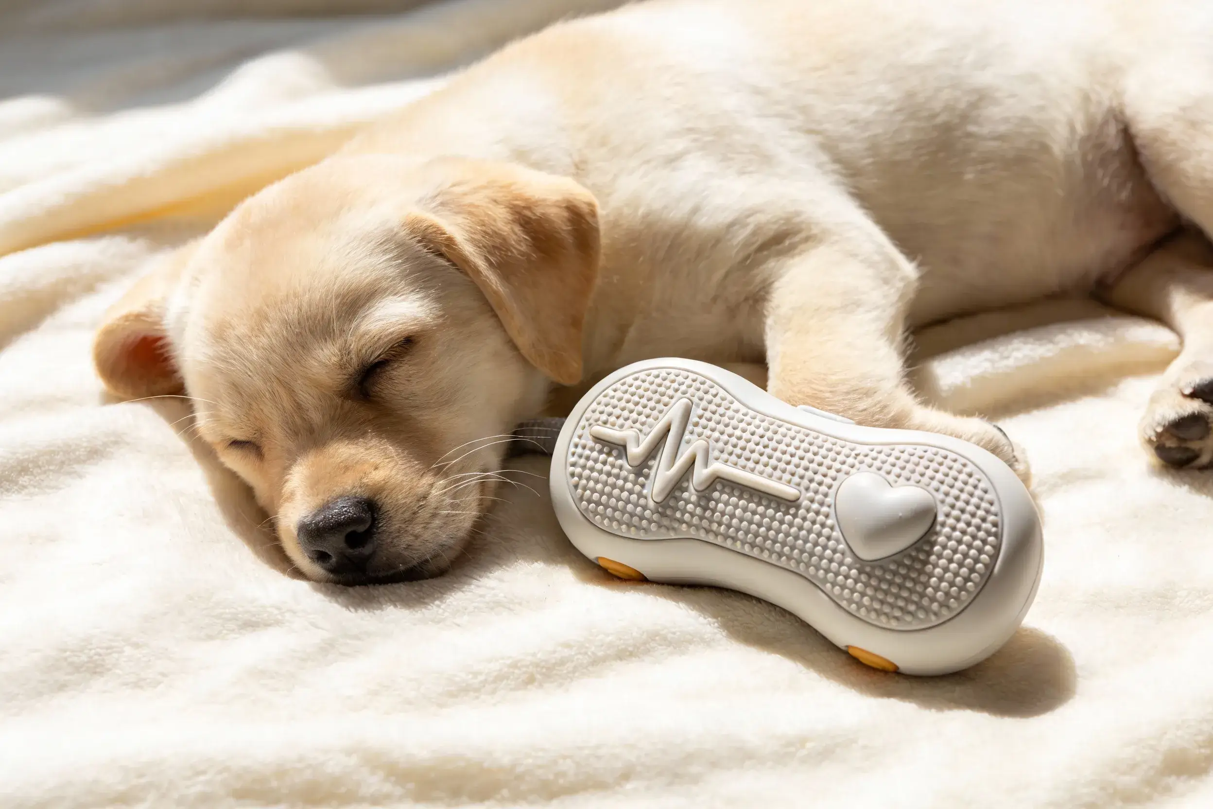 Heartbeat toy next to a resting puppy