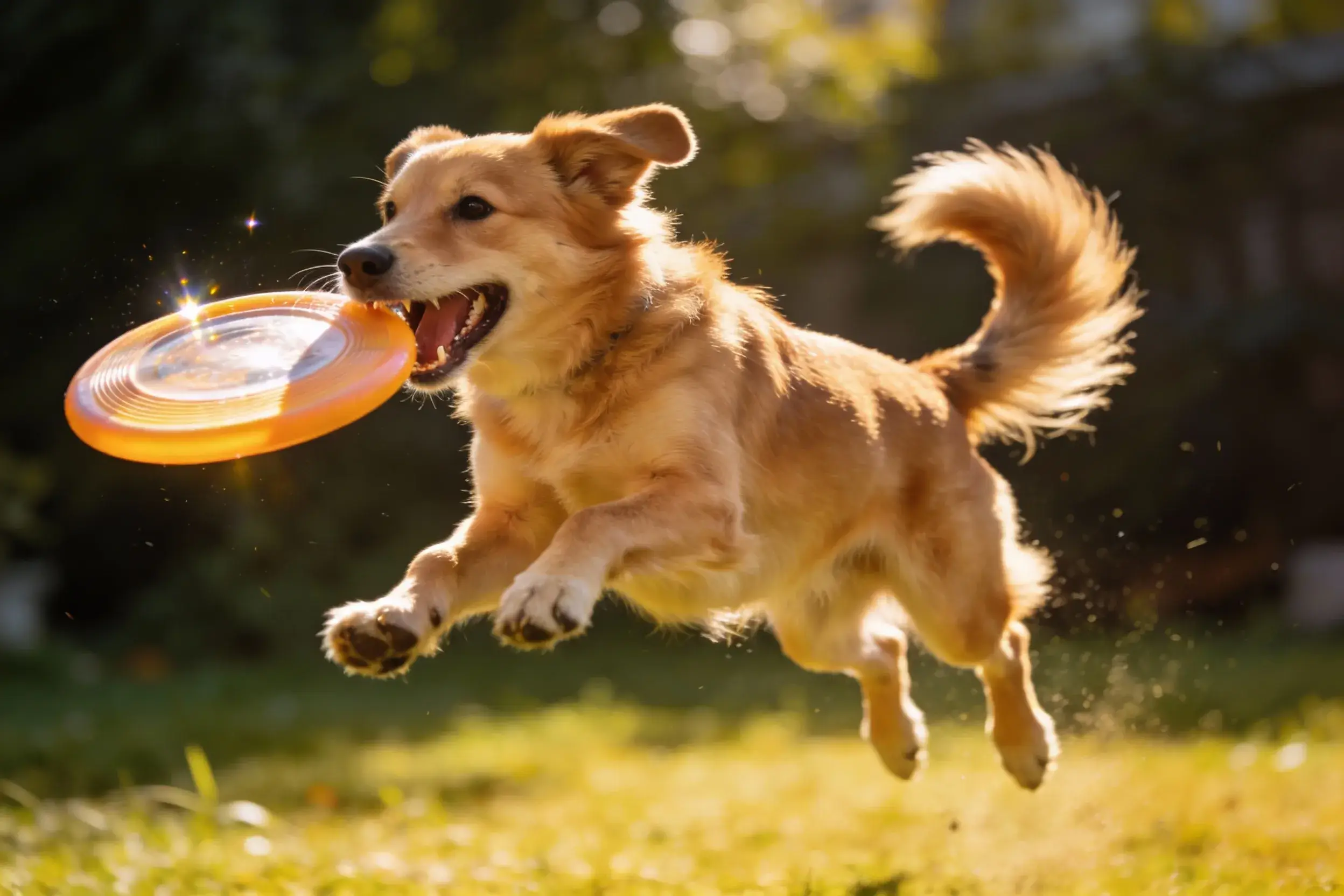 Dog catching a flexible rubber frisbee in mid-air