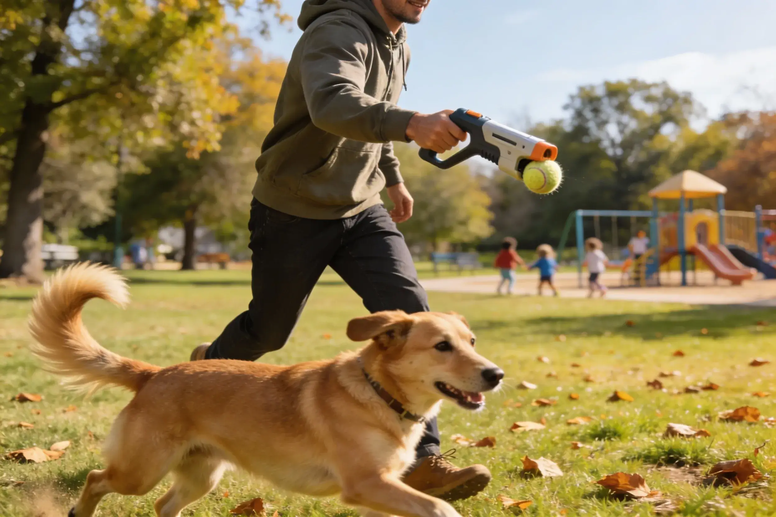Dog owner using a ball launcher at the park, dog mid-chase