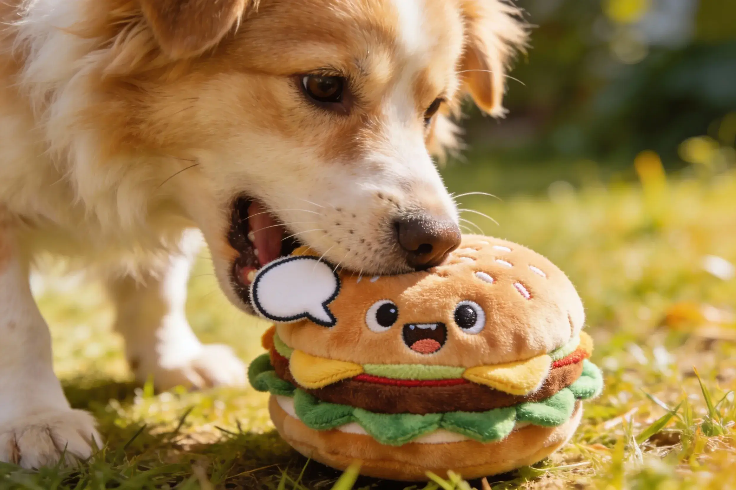 Dog biting talking hamburger plush