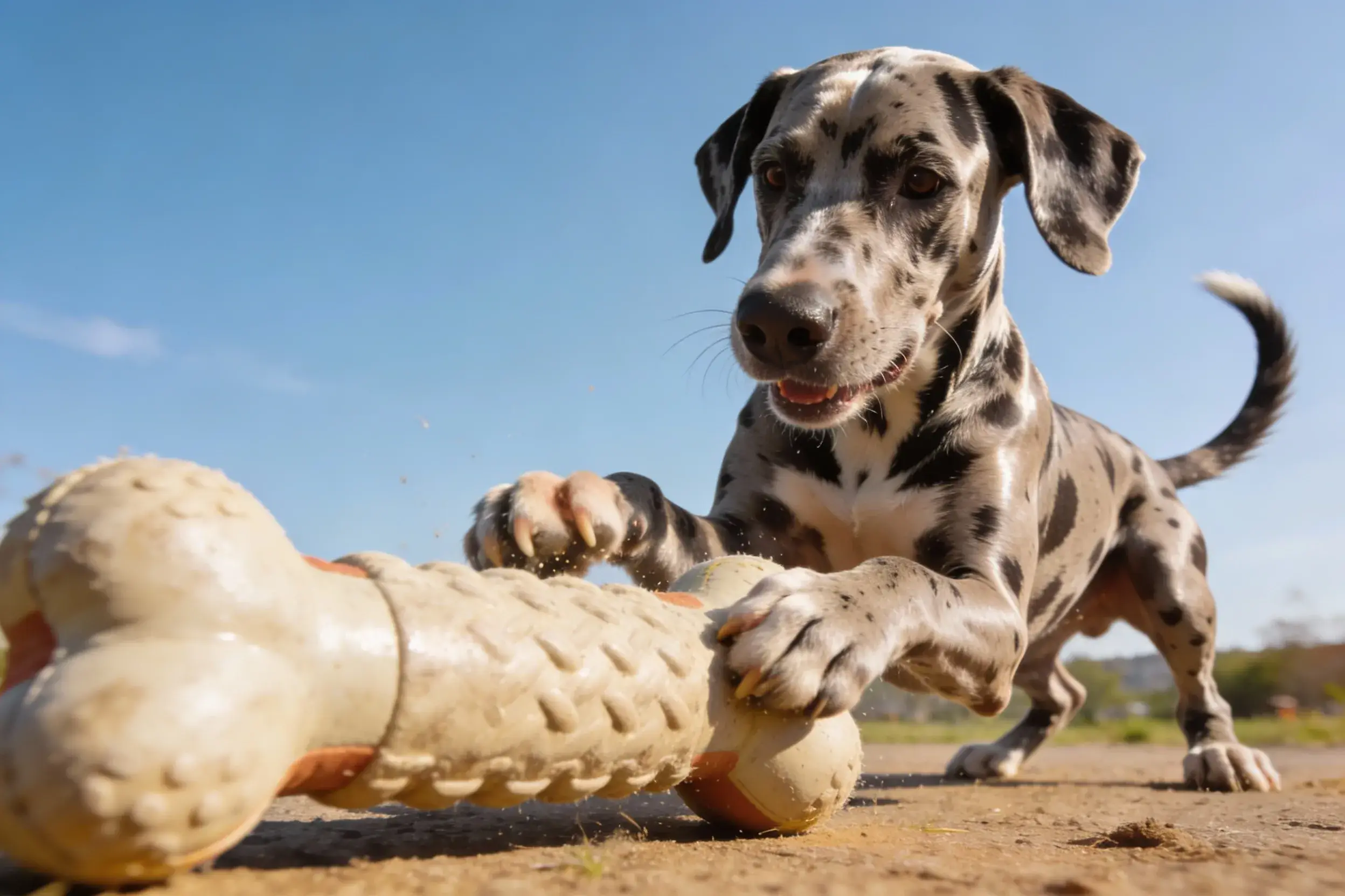 Great Dane playing with an oversized chew toy