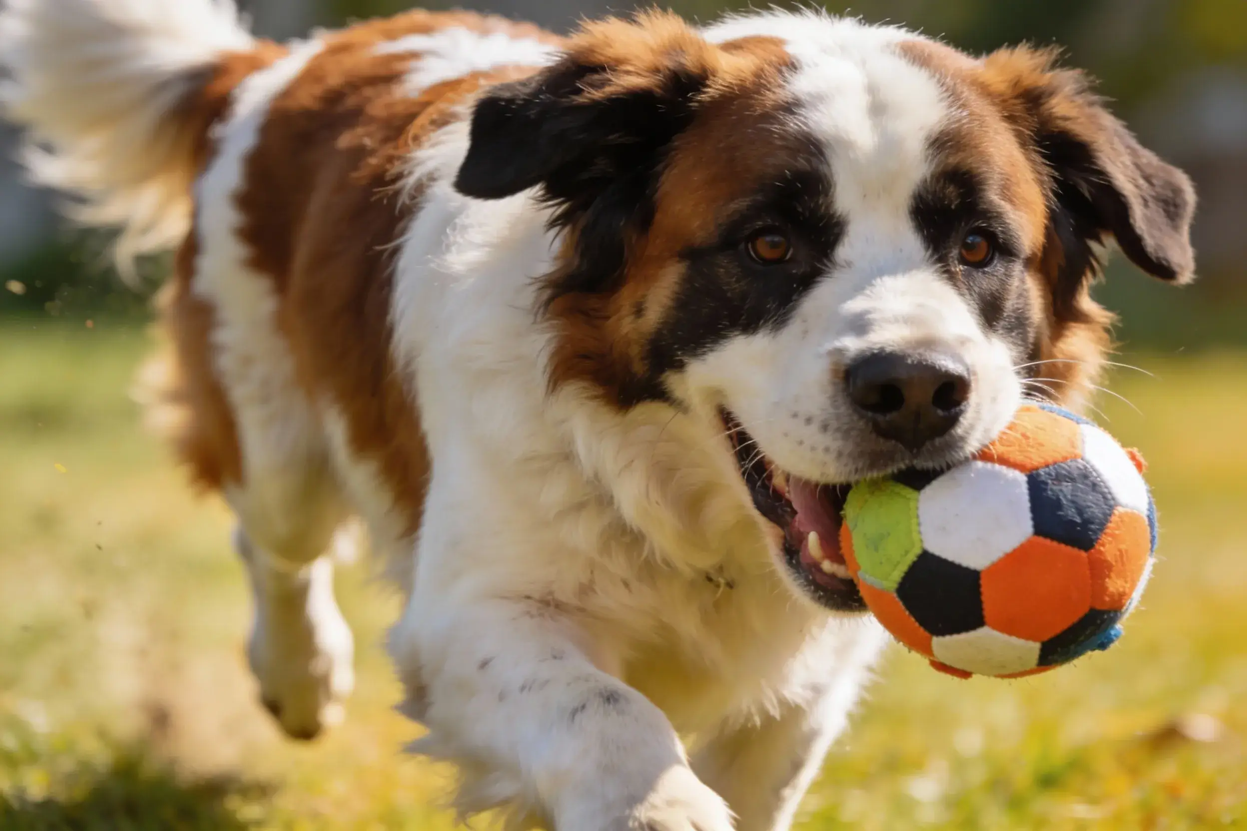 St. Bernard running with a soccer-ball sized toy
