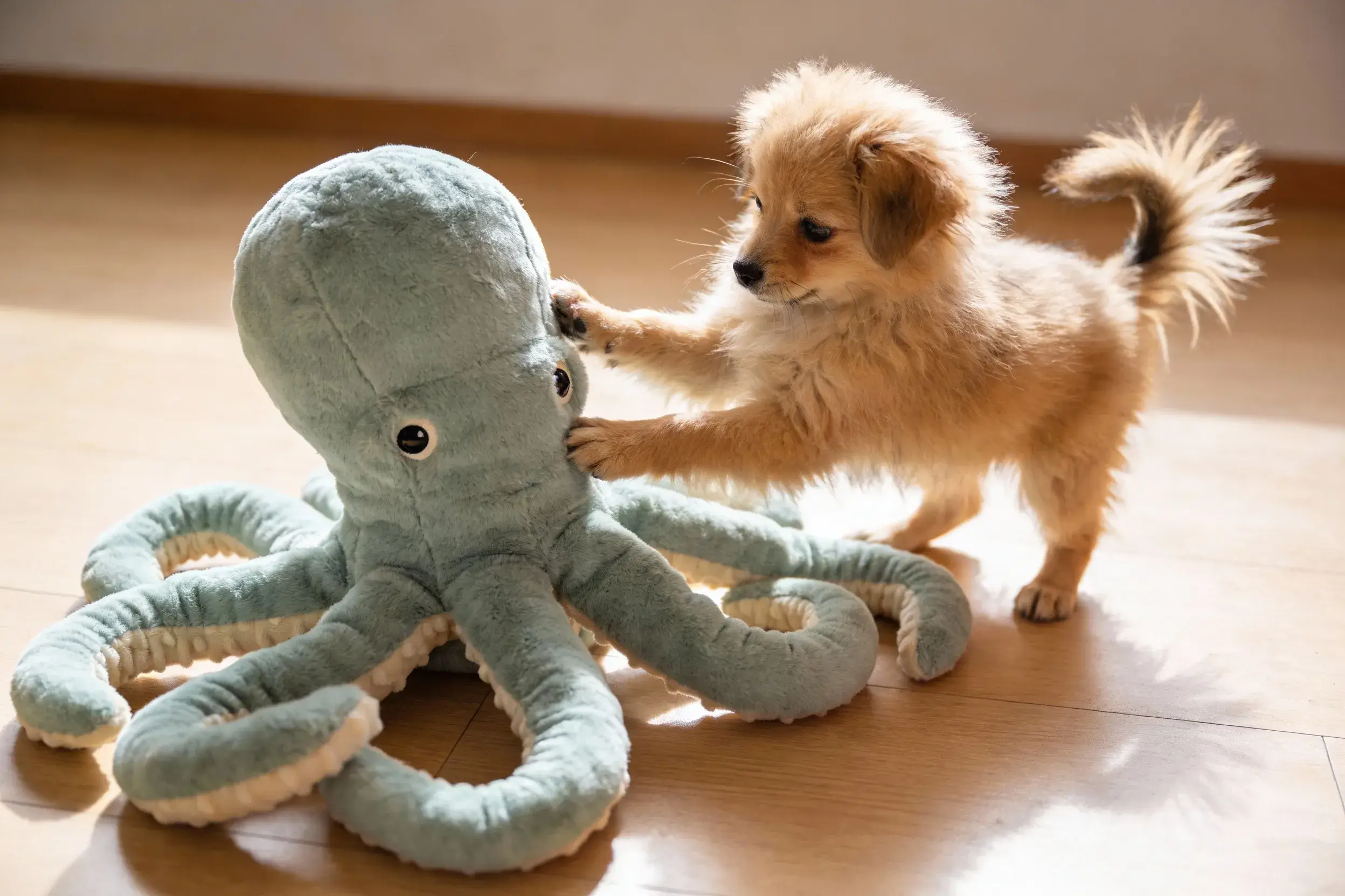 Small dog playing with a properly sized plush octopus dog toy