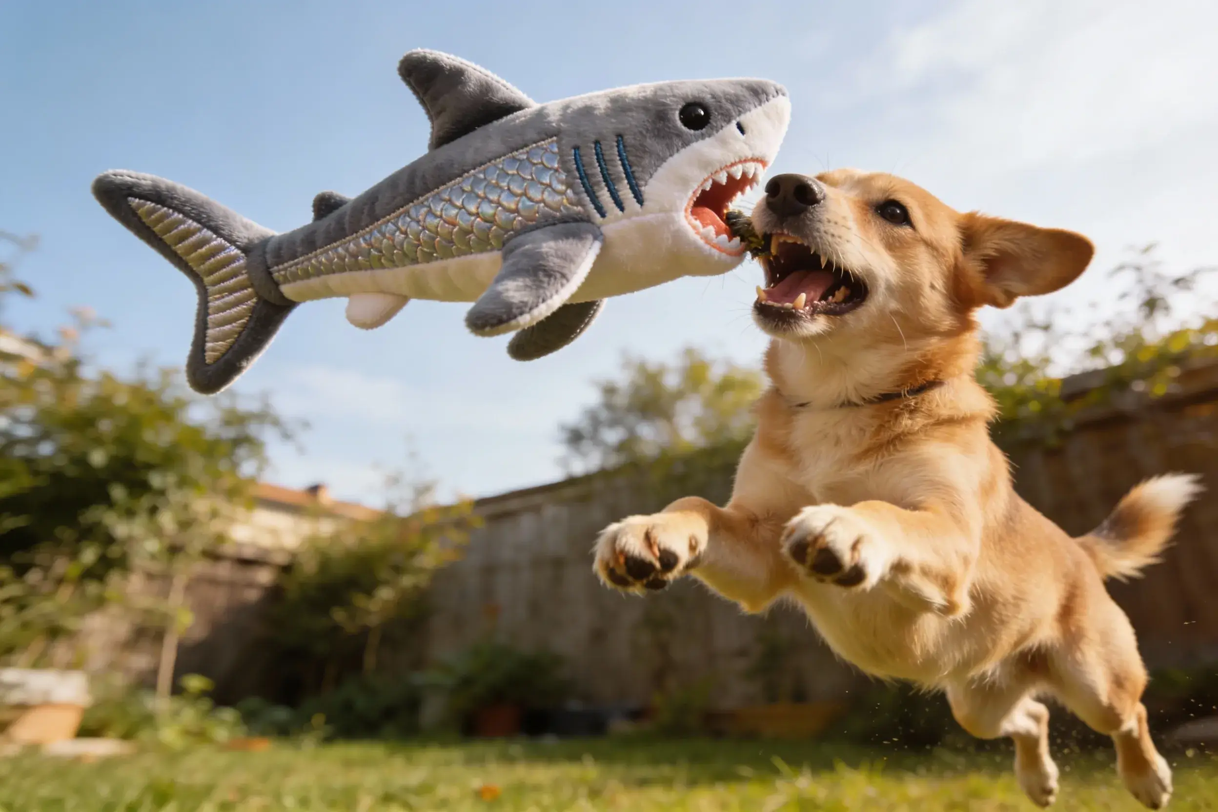 A dog catching a shark-shaped toy in mid-air